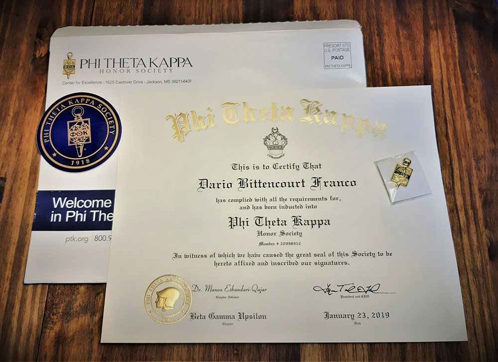 Phi Theta Kappa Honors Society membership certificate.